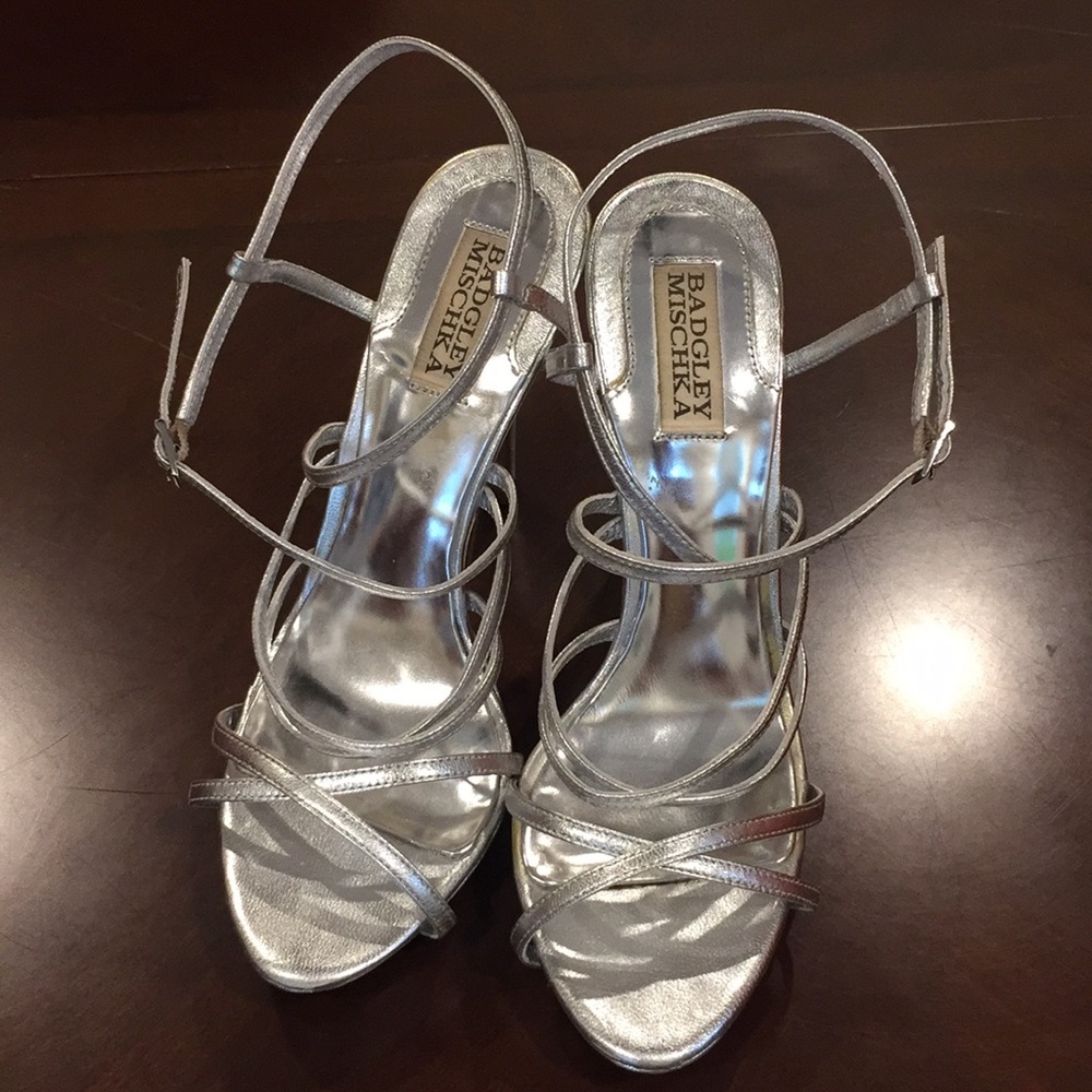 Badgley Mischka Silver Heels, moderately worn.